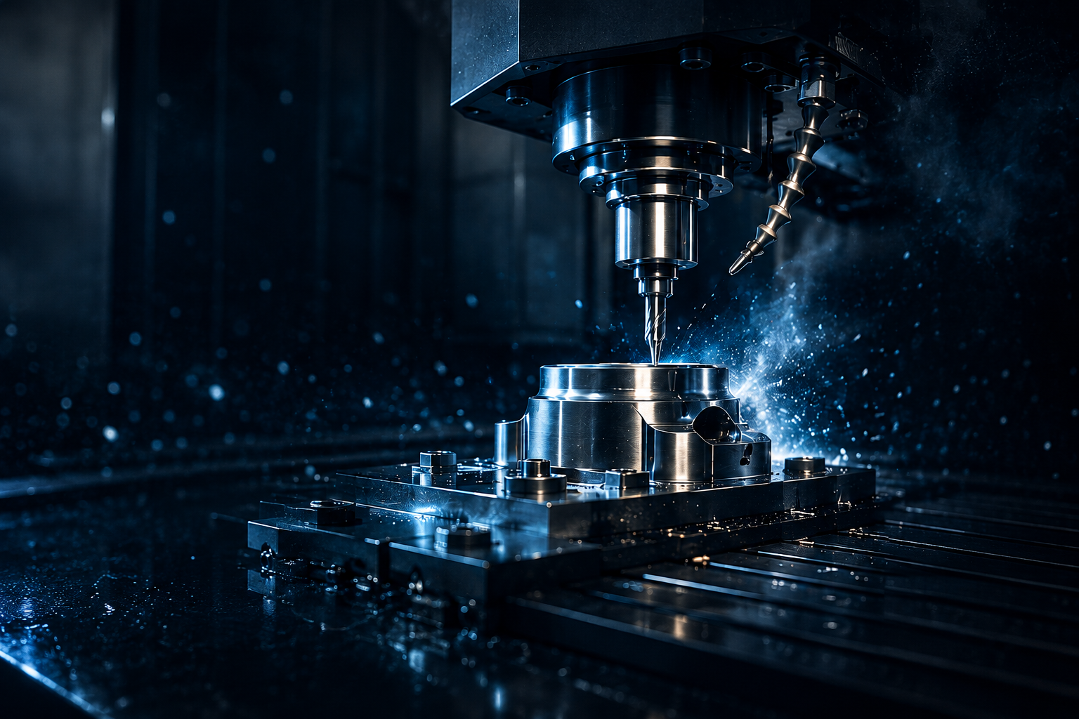 CNC machine cutting a precision metal component